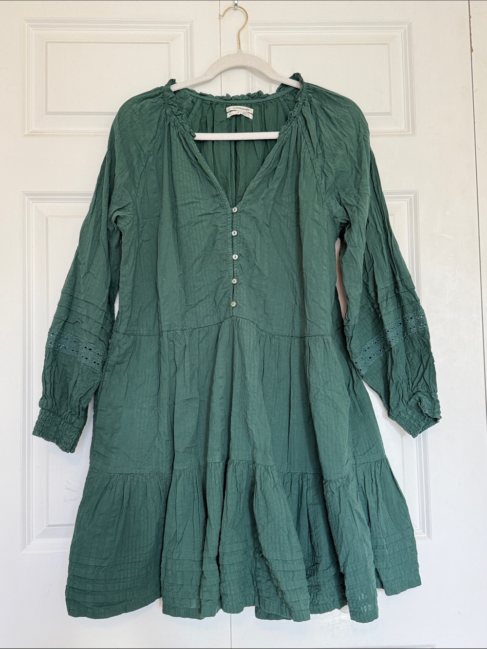 Anthropologie Forest Green Long-Sleeve Tiered Peasant Dress